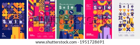 Online shopping and sale. Set of flat vector illustrations. Minimalistic background illustrations for sales, advertisements, coupons. Geometric pattern of store symbols and icons. Banner, poster.