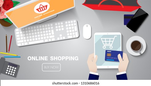 online shopping sale with taplet by credit card on table