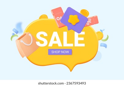 Online shopping sale template. Flying coupons, coins, bag and dialog or yellow chat speech bubble. For big sales and profitable online purchases. Creative vector illustration. 