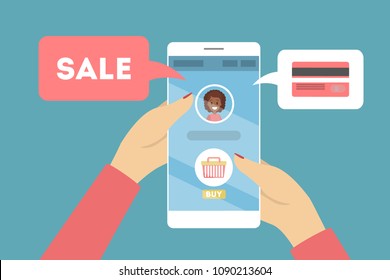 Online shopping sale using smartphone. Hands holding device.