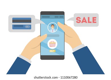 Online shopping sale using smartphone. Hands holding device.