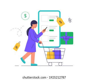 Online shopping. Sale. A woman makes purchases in an online store. Vector illustration in a modern flat style.