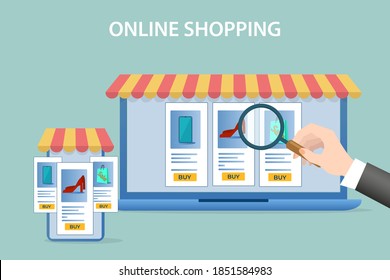 Online shopping and sale.A human hand using a laptop for shopping in an online store.The concept of device adaptability.Flat vector illustration.