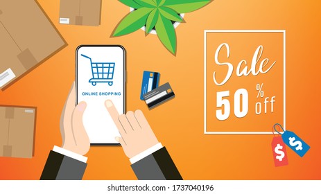 Online shopping Sale,concept , with shopping bags, credit cards and smartphone on orange backgrounds , vector illustrations EPS 10