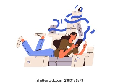 Online shopping, sales concept. Delivery service. Customer buy, purchase goods on discount in internet store. Woman with smartphone lying on boxes, packages. Flat isolated vector illustration on white