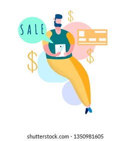 Online Shopping Sales Flat Vector Illustration. ECommerce, E Trade. Internet Store Special Offer, Discount. Man Using Tablet. Consumerism. Buyer, Customer. Cheap, Low Price. Online Payment