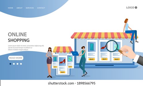 Online shopping and sales.A human hand using a laptop for shopping in an online store and people making purchases.The concept of adaptability of the device.Flat vector illustration.