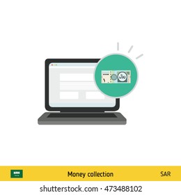 Online shopping. Saudi Arabian riyal banknote. E-commerce platform concept vector illustration.
