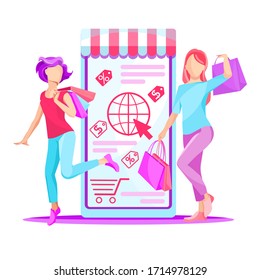 Online shopping scene with girls making purchases. M commerce concept vector illustration in flat cartoon style. Used for, landing pages, templates, UI, web, mobile applications, posters, banners.