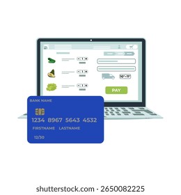 Online shopping scene with laptop, screen showing cart and blue credit card in foreground vector