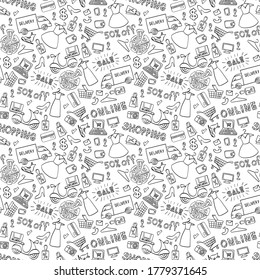 Patrón de compras en línea sin problemas. Objetos de comercio electrónico dibujados a mano aislados en fondo blanco. Ilustración vectorial.