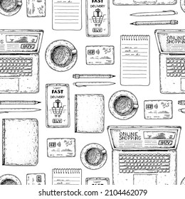 Online-Shopping-Muster nahtlos. Handgezeichnete Vektorgrafik. E-Commerce Vintage Design-Vorlage. Handgezeichnete Skizze mit Laptop, Kreditkarte, Smartphone, Stift und Notebook. Draufsicht.