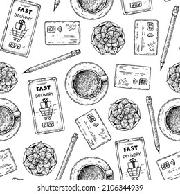 Online shopping seamless pattern. Hand drawn vector illustration. E-commerce vintage design template. Hand drawn sketch credit card, smartphone and pen. Top view.
