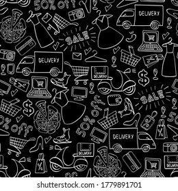 Patrón de compras en línea sin problemas. Objetos de comercio electrónico dibujados a mano blanca aislados en fondo negro. Ilustración vectorial.