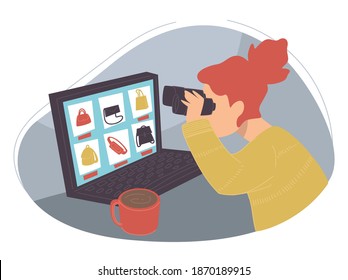 Online shopping and searching for products with best price. Isolated woman looking for sales and discounts on clothes and accessories. Buying goods at home, laptop and cup of coffee. Vector in flat