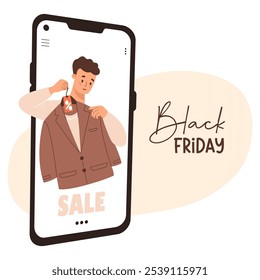 Online Shopping. Seasonal Sale. Black Friday. Man in phone tries on fashionable jacket. Holiday male shopper character. Shop in smartphone. Vector illustration