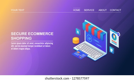 Online shopping, secure, e-commerce, marketing, payment flat 3D isometric vector banner