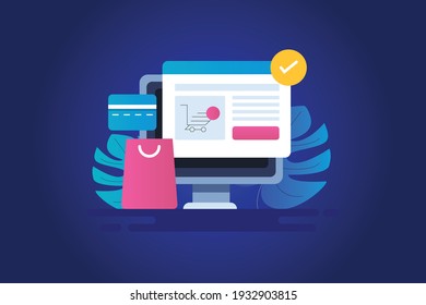 Online shopping, secure transaction, shopping cart, digital payment, eCommerce website - conceptual vector illustration with icons