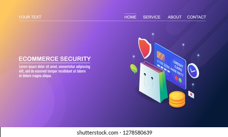 Online Shopping, Security, Payment Gateway, Secure Digital Shopping Flat Style 3D Isometric Banner