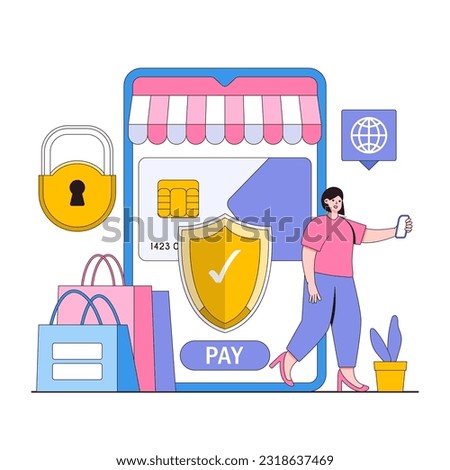 Online shopping security vector illustration concept with characters. Secure online transactions, encrypted payments, e-commerce safety. Modern flat style for landing page, web banner, infographics.