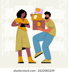 Online shopping. Sending and receiving parcels. Postal delivery service. Flat vector illustration.