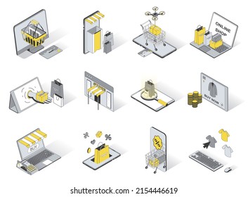 Online shopping service concept 3d isometric icons set. Pack elements of supermarket basket, buy products, shop, gift, store, discount, sale and other. Vector illustration in modern isometry design