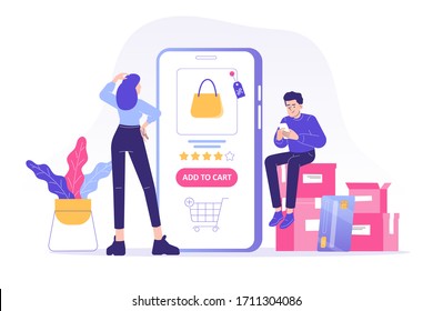 Online shopping service concept. Young woman and man customers sitting on boxes ordering with huge smartphone app. Ordering with online payment. Purchase. Shipping. Isolated stock vector illustration