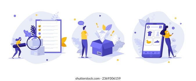 Online shopping service flat concept vector illustrations set. Survey and reclamation of delivered goods. E commerce business development idea for website, presentation