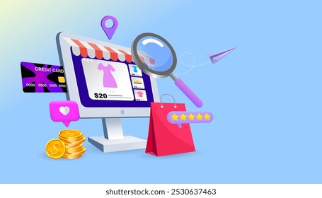 Servicios de compras en línea. Marketing digital y comercio electrónico. landing page. De compras en la computadora portátil. Vea, elija y compre artículos de moda en el mercado de comercio electrónico. Ilustración vectorial. 