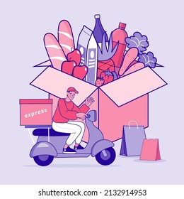 Servicios de compras en línea. el concepto de marketing y comercio electrónico. Aplicación en teléfono móvil. Entrega de alimentos para productos frescos. Hombre montando moto. Compra en Casa. Cuarentena. Ilustración del contorno del vector.