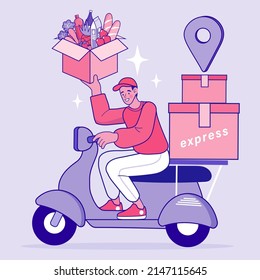 Online shopping services. marketing and e-commerce concept. App on mobile phone. Fresh Groceries Food Delivery. Man riding scooter. Buy at Home. Quarantine. Vector outline illustration.