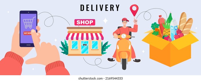 Online shopping services. marketing and e-commerce concept. App on mobile phone. Fresh Groceries Food Delivery. Man riding scooter. Buy at Home. Quarantine. Vector outline illustration.