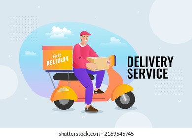 Online Shopping Services. Marketing And E-commerce Concept. App On Mobile Phone. Fresh Groceries Food Delivery. Man Riding Scooter. Buy At Home. Quarantine. Vector Outline Illustration.