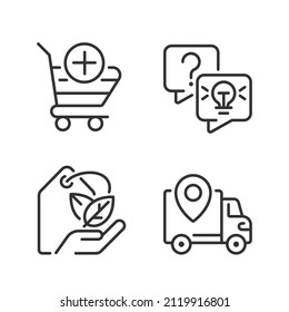 Online shopping services pixel perfect linear icons set. Delivery regions. Ecofriendly product. Customizable thin line symbols. Isolated vector outline illustrations. Editable stroke