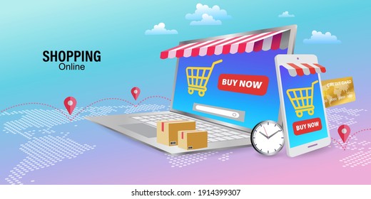 Online shopping services. Smartphone marketing and e-commerce. mobile app, landing page. Shopping cart and laptop. Vector illustration. 