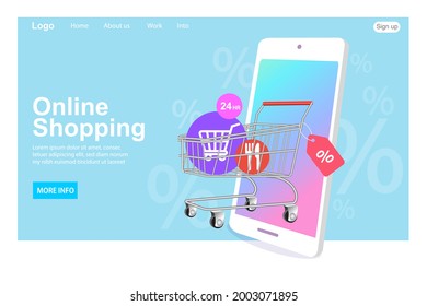 Online shopping services. Smartphone marketing and e-commerce. mobile app, landing page. Shopping cart and credit card. Vector illustration. 