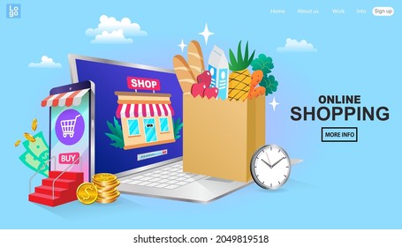 Online shopping services. Smartphone marketing and e-commerce. mobile app, landing page. Shopping cart and laptop. Fresh Groceries Food Delivery. Vector illustration.