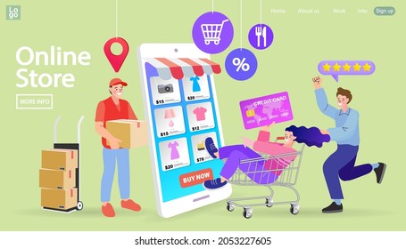 Online shopping services. Smartphone marketing and e-commerce. mobile app, landing page. Shopping cart and laptop. Fresh Groceries Food Delivery. Vector illustration.