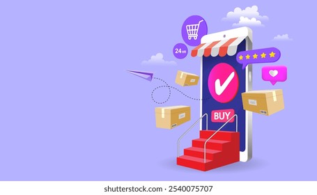 Serviços de compras online. Smartphone marketing e e-commerce. aplicativo móvel, página inicial. Carrinho de compras e notebook. Ilustração vetorial. 