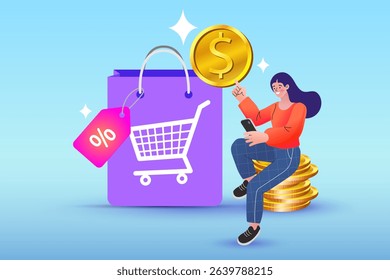 online shopping services. Smartphone marketing and e-commerce. shopping bag lifestyle woman. social shop have promotion and discount your buy shop now ,modern life technology. Vector illustration.