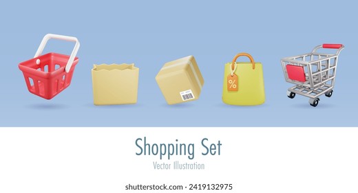 Online shopping set. Shopping basket, bag and trolley cart. Grocery elements for supermarket advertising and business marketing. 3D Vector.