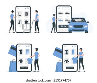 Compra en línea. Ilustración vectorial plana de color. Aislado sobre fondo blanco.