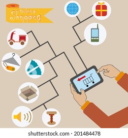 On-line Shopping set concept in flat design, Flow chart infographics showing web purchases with man holding tablet linked to shopping cart, shopping icons collection