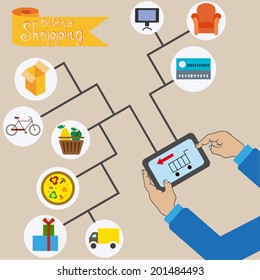 On-line Shopping set concept in flat design, Flow chart infographics showing web purchases with man holding tablet linked to shopping cart, shopping icons collection