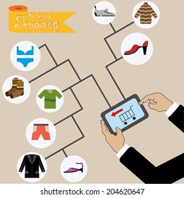 On-line Shopping set concept in flat design, Flow chart infographics showing web purchases with man holding tablet linked to shopping cart, shopping icons collection