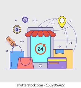 online shopping set concept, mobile, 24 hours, bag, parcel, credit card, gps, coin, sale, filled color line object, Isolated flat vector design, editable stroke
