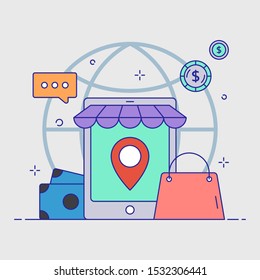 online shopping set concept, tablet, bag, coin, chat, gps, bank, filled color line object, Isolated flat vector design, editable stroke