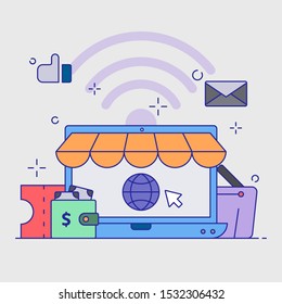 online shopping set concept, website, computer, wallet, basket, coupon, mail, like, filled color line object, Isolated flat vector design, editable stroke