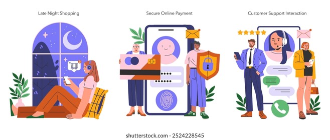 Conjunto de compras en línea. Consumidores que realizan compras nocturnas, procesamiento seguro de pagos y comunicaciones por Servicio al cliente. Diseño plano simple. Ilustración vectorial.