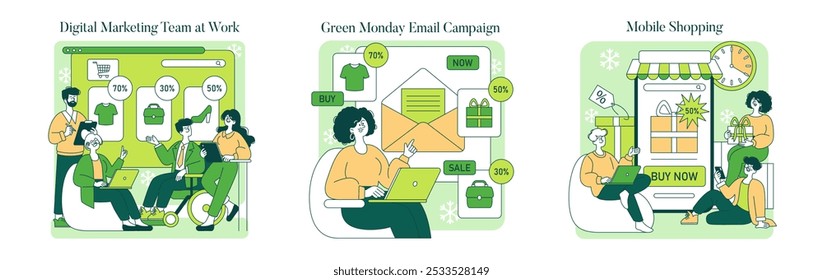 Online Shopping set. Digital team analyzes ecommerce data, woman engages with an email promo, customers enjoy mobile deals. Vector illustration.